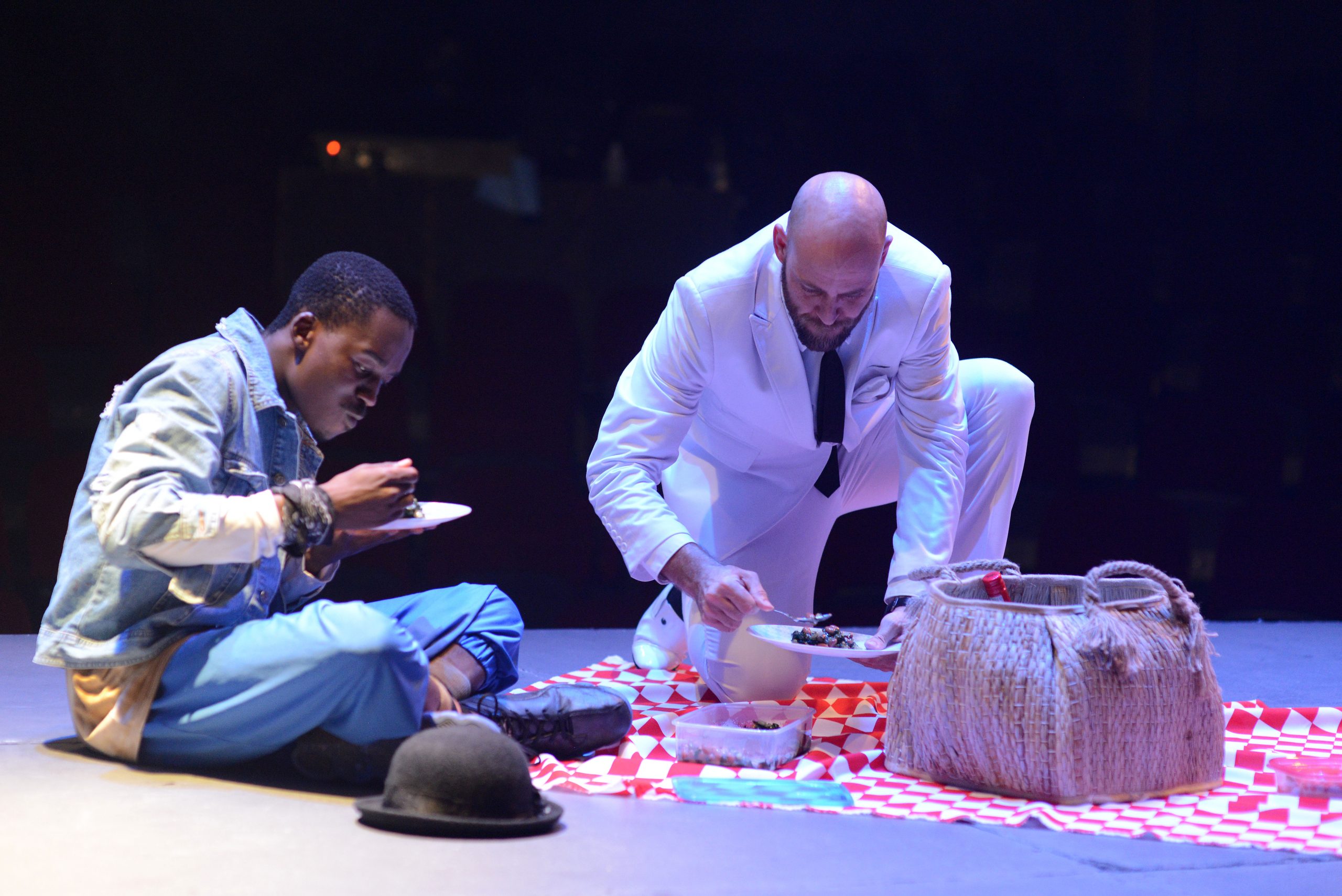 Pass Over directed by James Ngcobo and featuring Kathu Ramabulana, Hungani Ndlovu and Charlie Bouguenon at the Market Theatre (Photos by Suzy Bernstein)