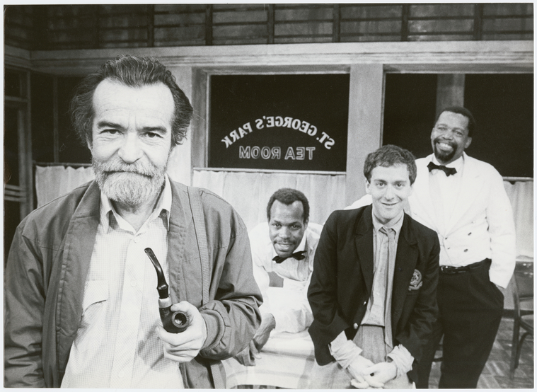 Fugard with Danny Glover, Zakes Mokae and Lonny Price on the set of the Broadway production of his play ‘Master Harold’…and the Boys in 1982 at the Lyceum theatre. Photo by Martha Swope