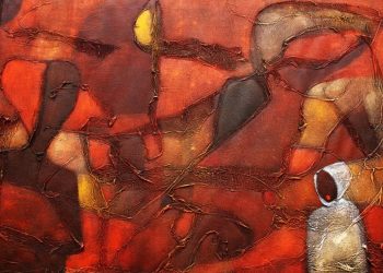 Uzor Maxim Uzoatu’s A Play of Ghosts moving through shadows… acrylics/backcloth on canvas 2020 by RonexArts