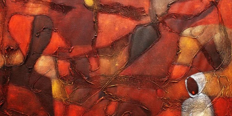 Uzor Maxim Uzoatu’s A Play of Ghosts moving through shadows… acrylics/backcloth on canvas 2020 by RonexArts
